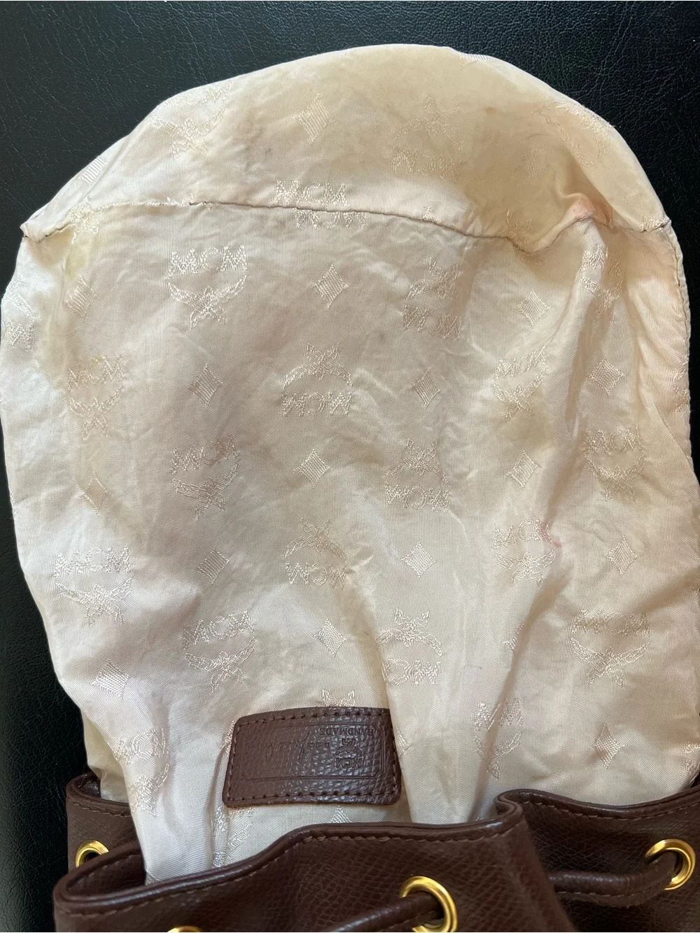 Rare Vintage MCM Brown Leather Drawstring Mini Backpack